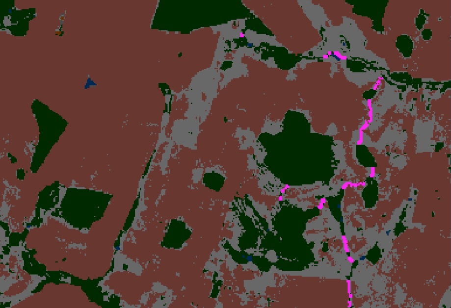 TerraLink corridor optimization example showing connected habitat patches and optimized links