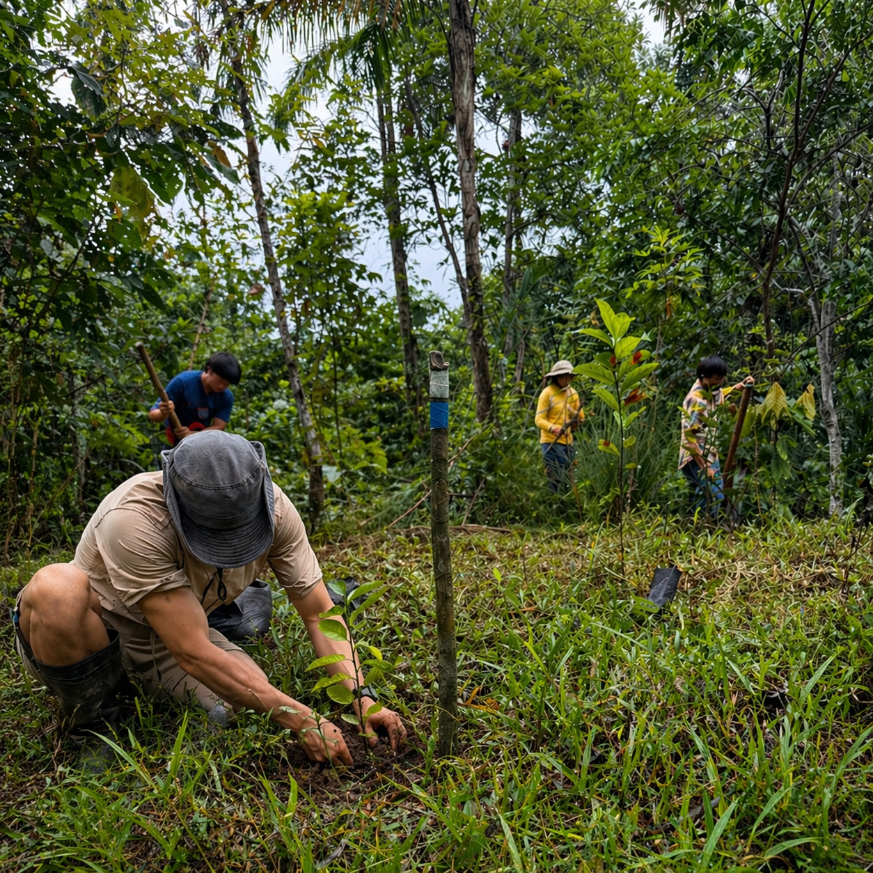 Agroforestry field crew implementing a planting design