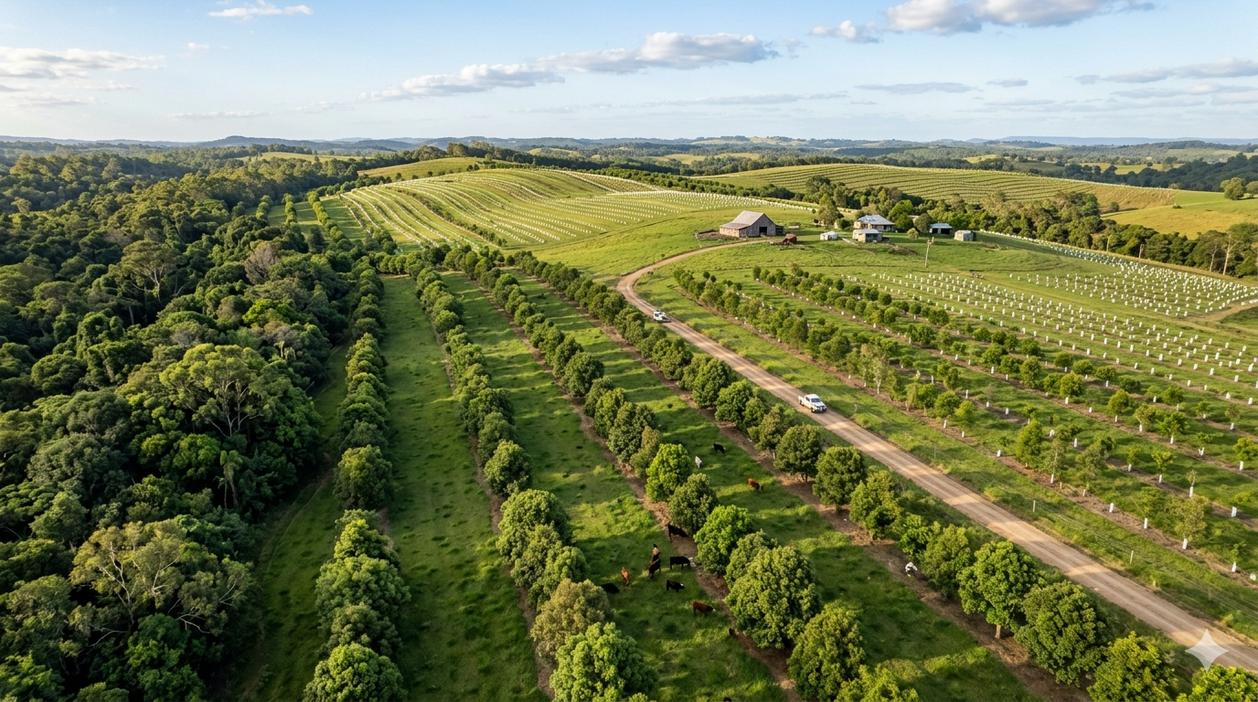 Agroforestry landscape with tree rows and surrounding forest